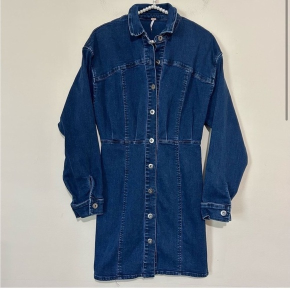 Free People Amber Stretch Denim Blue Long Sleeve Country Western Mini Dress SZ 4 - Picture 2 of 8